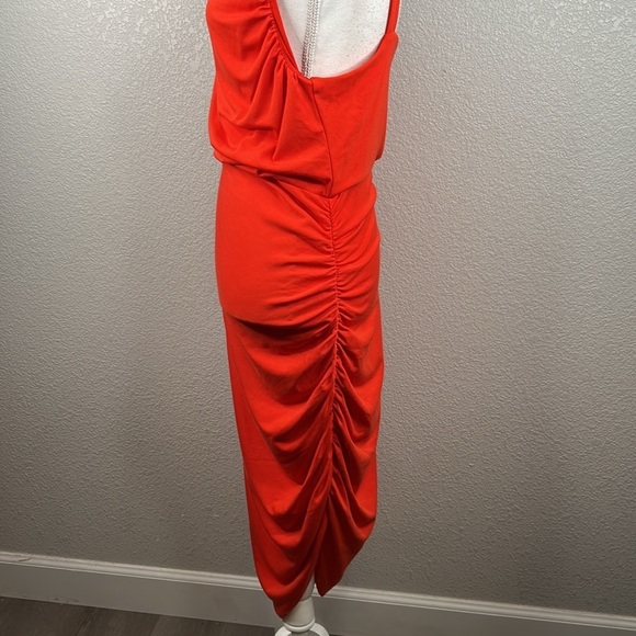 Sofia Vergara Orange Bodycon Ruched Summer Casual Midi Dress Size Large - Picture 3 of 7